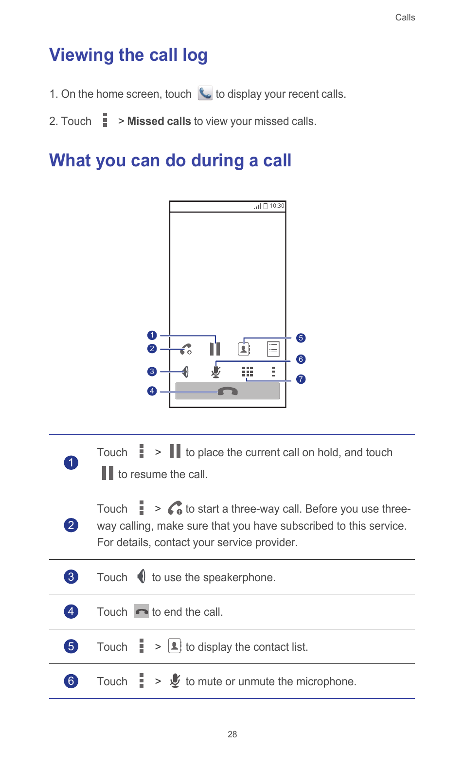 Viewing the call log, What you can do during a call | Huawei Ascend G510 User Guide User Manual | Page 33 / 94
