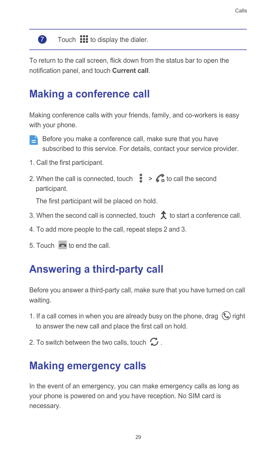 Making a conference call, Answering a third-party call, Making emergency calls | Huawei Ascend G510 User Guide User Manual | Page 34 / 94