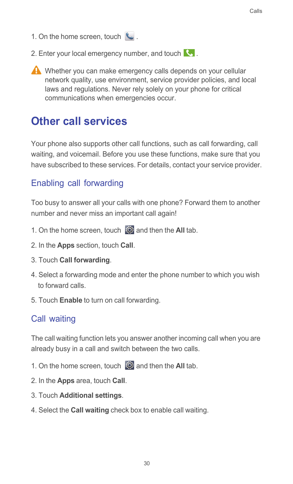 Other call services, Enabling call forwarding, Call waiting | Huawei Ascend G510 User Guide User Manual | Page 35 / 94