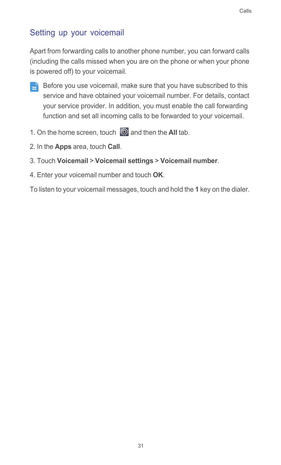 Setting up your voicemail | Huawei Ascend G510 User Guide User Manual | Page 36 / 94