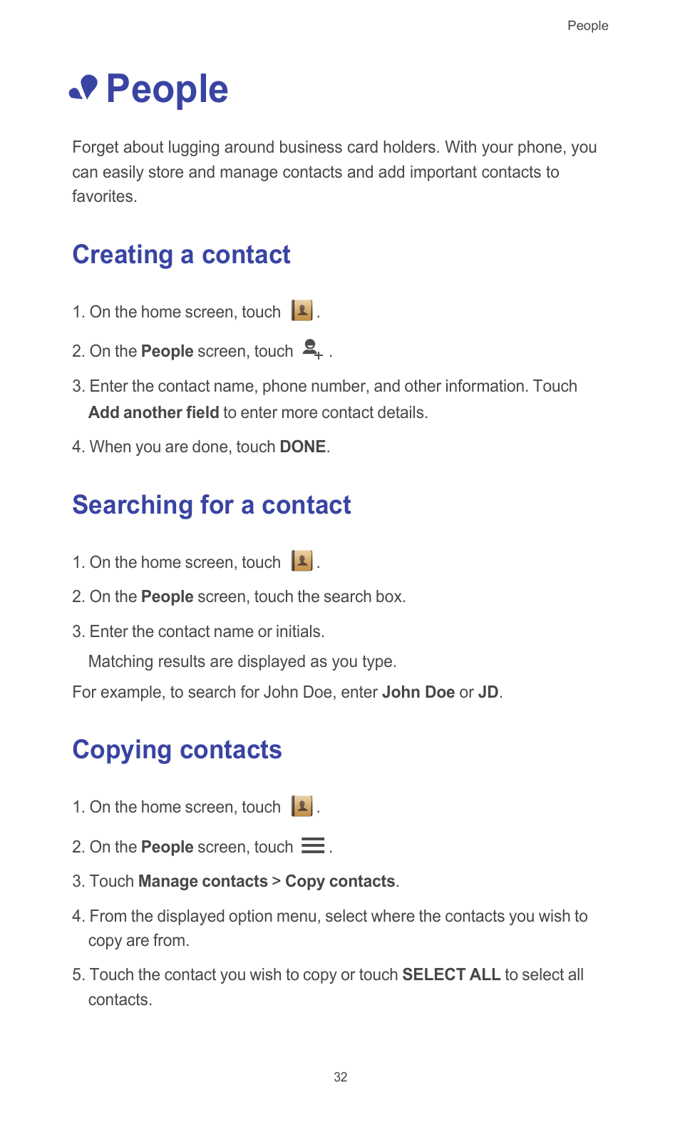 People, Creating a contact, Searching for a contact | Copying contacts | Huawei Ascend G510 User Guide User Manual | Page 37 / 94