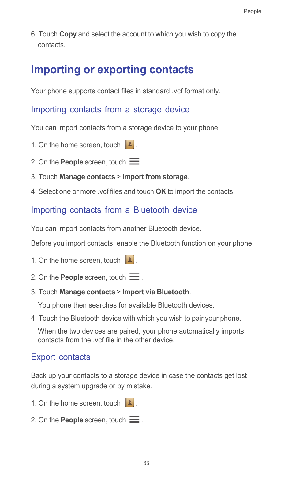 Importing or exporting contacts, Importing contacts from a storage device, Importing contacts from a bluetooth device | Export contacts | Huawei Ascend G510 User Guide User Manual | Page 38 / 94