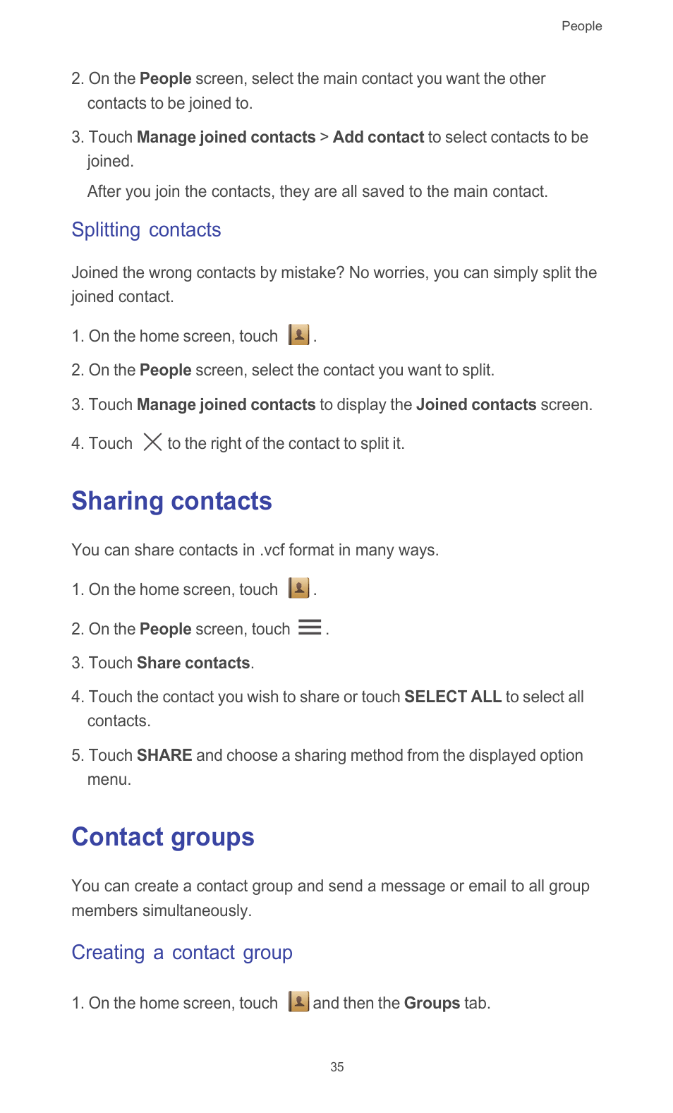 Splitting contacts, Sharing contacts, Contact groups | Creating a contact group, Sharing contacts contact groups | Huawei Ascend G510 User Guide User Manual | Page 40 / 94