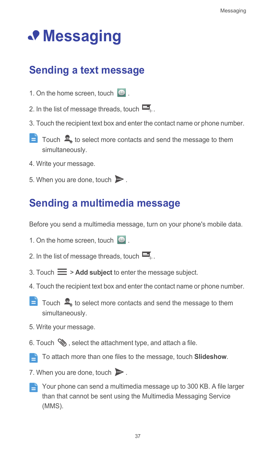 Messaging, Sending a text message, Sending a multimedia message | Huawei Ascend G510 User Guide User Manual | Page 42 / 94