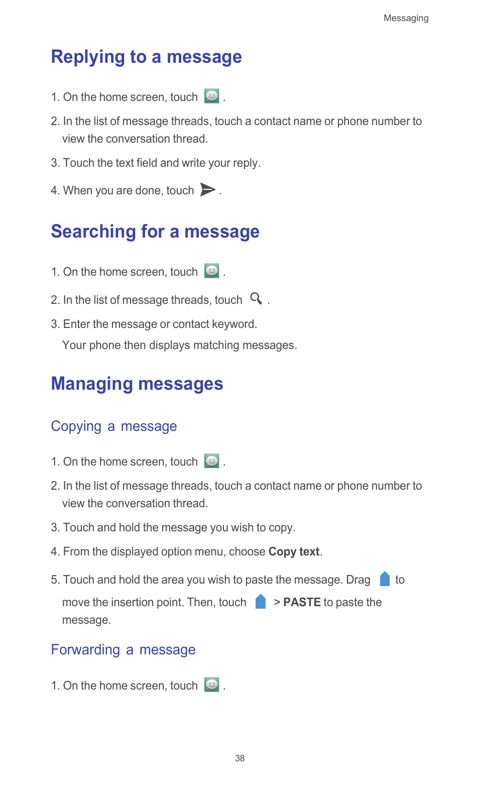 Replying to a message, Searching for a message, Managing messages | Copying a message, Forwarding a message | Huawei Ascend G510 User Guide User Manual | Page 43 / 94