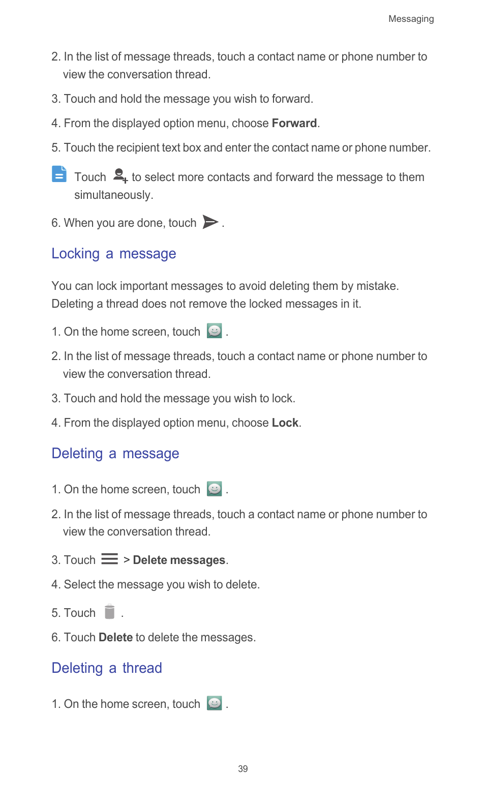 Locking a message, Deleting a message, Deleting a thread | Huawei Ascend G510 User Guide User Manual | Page 44 / 94