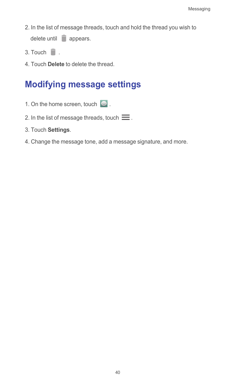 Modifying message settings | Huawei Ascend G510 User Guide User Manual | Page 45 / 94