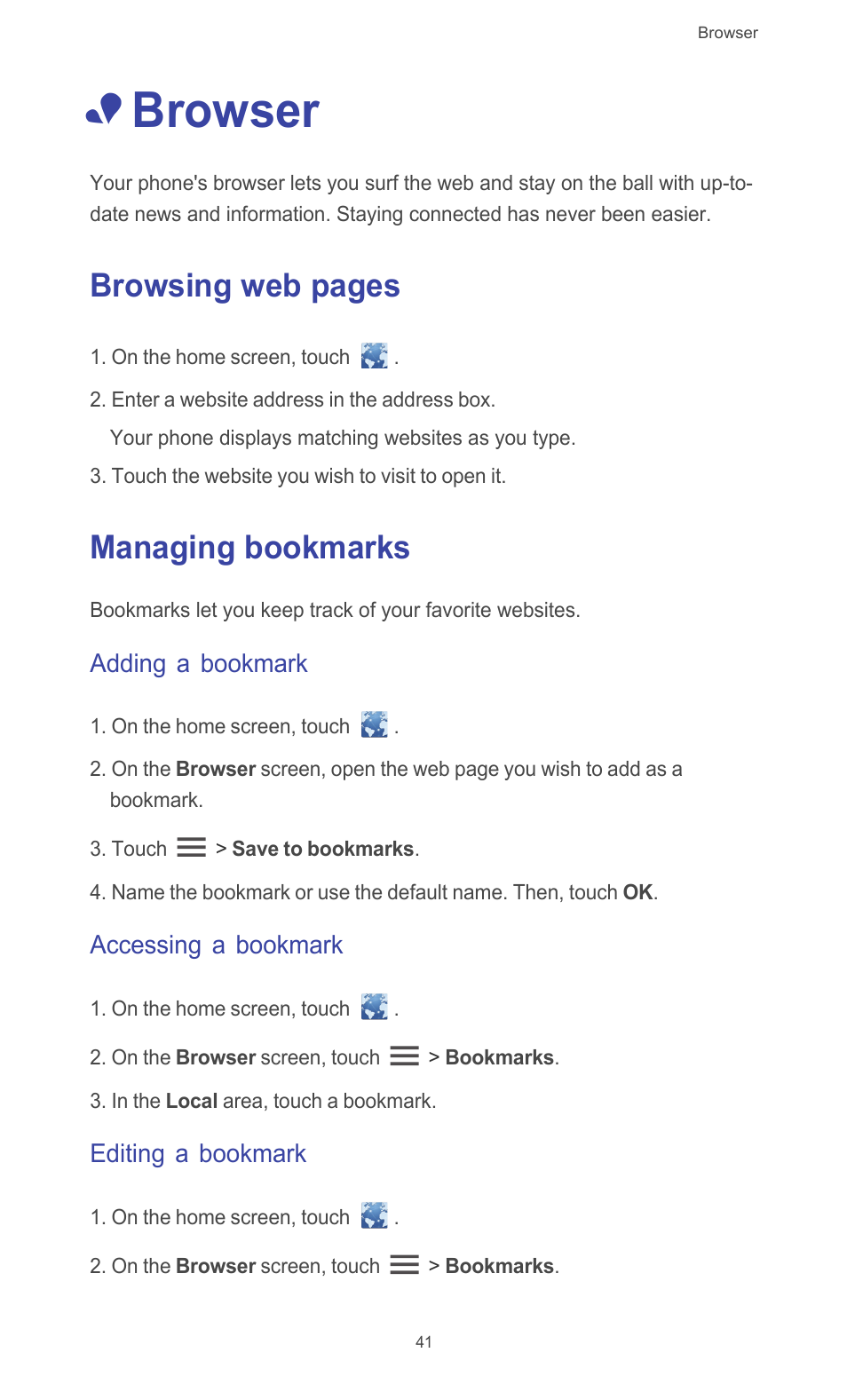 Browser, Managing bookmarks, Adding a bookmark | Accessing a bookmark, Editing a bookmark, Browsing web pages | Huawei Ascend G510 User Guide User Manual | Page 46 / 94