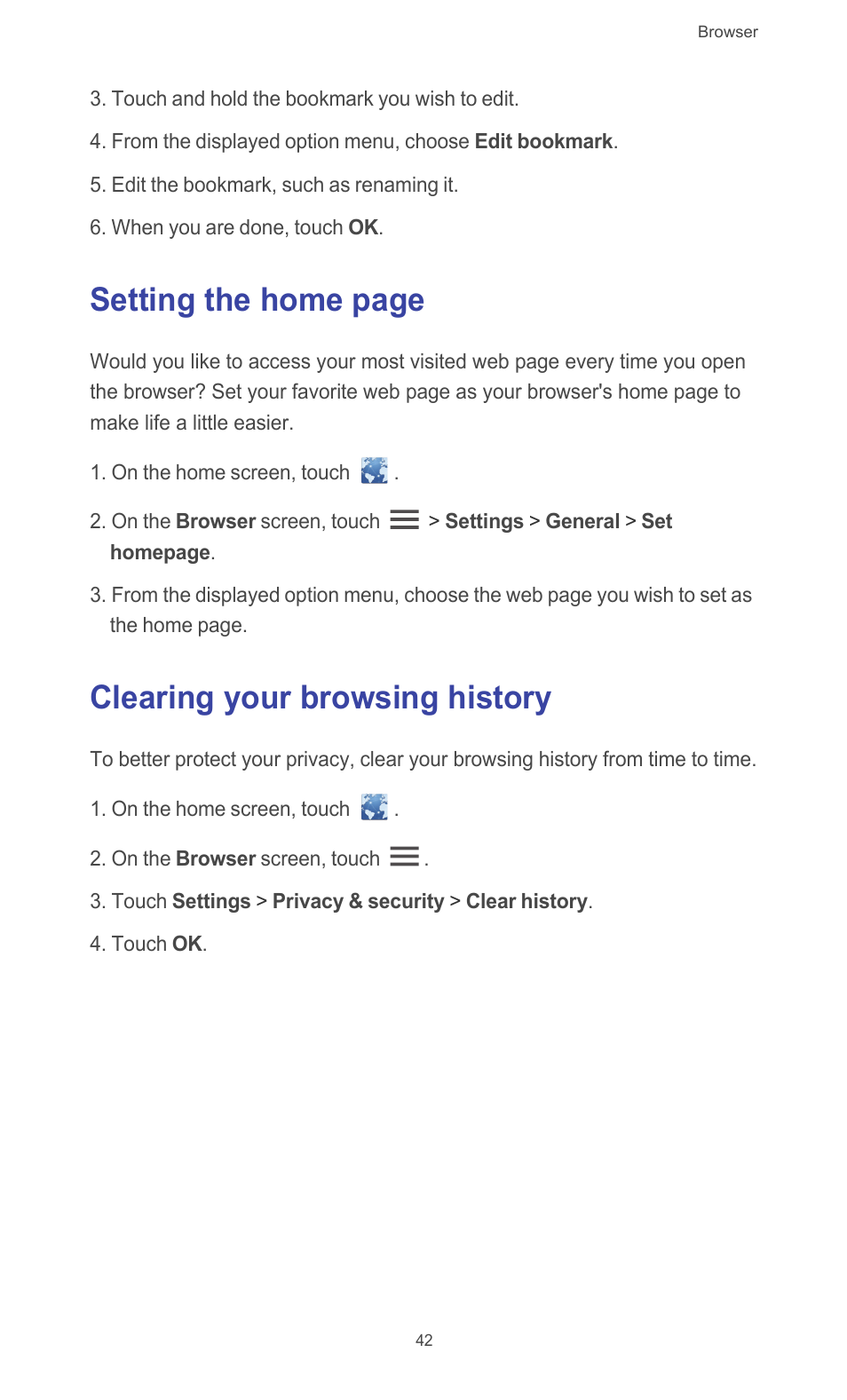 Clearing your browsing history, Setting the home page | Huawei Ascend G510 User Guide User Manual | Page 47 / 94