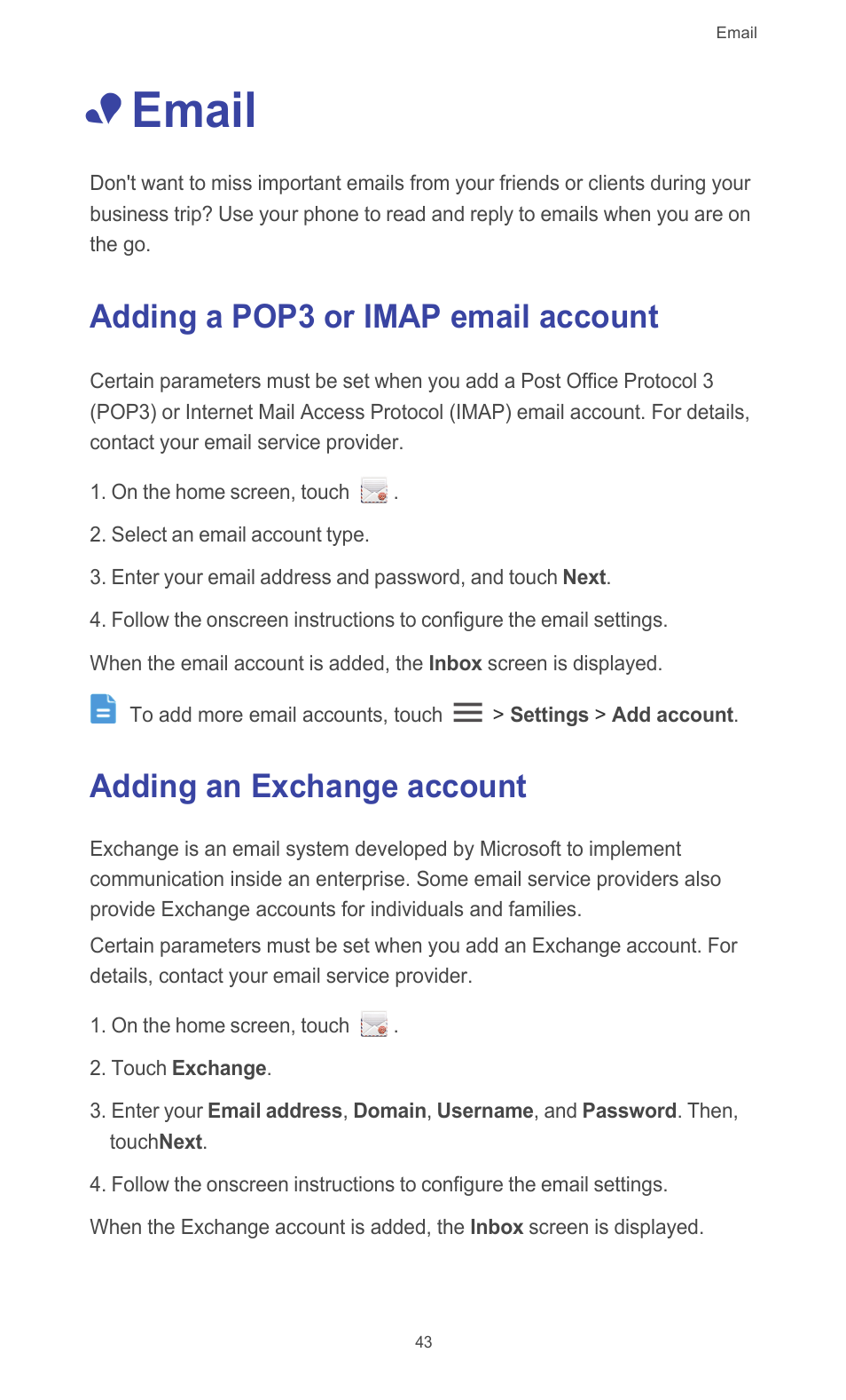 Email, Adding a pop3 or imap email account, Adding an exchange account | Huawei Ascend G510 User Guide User Manual | Page 48 / 94