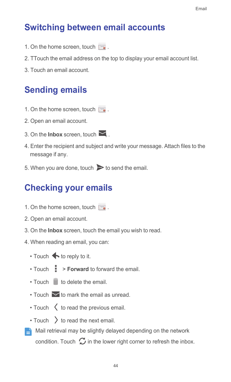 Switching between email accounts, Sending emails, Checking your emails | Huawei Ascend G510 User Guide User Manual | Page 49 / 94