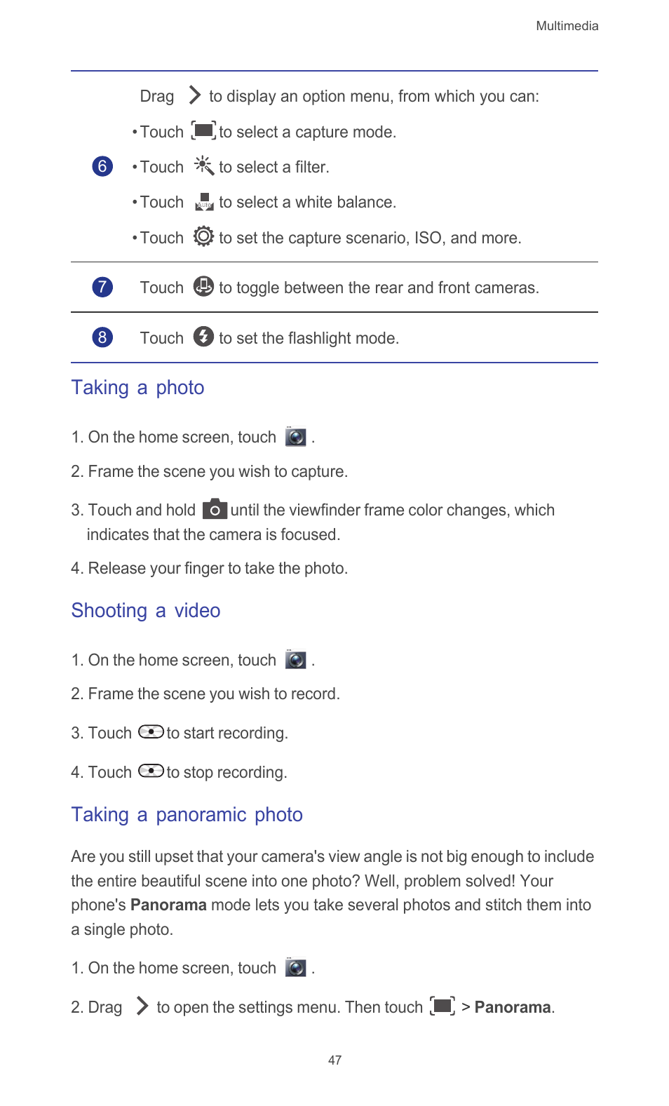 Taking a photo, Shooting a video, Taking a panoramic photo | Huawei Ascend G510 User Guide User Manual | Page 52 / 94