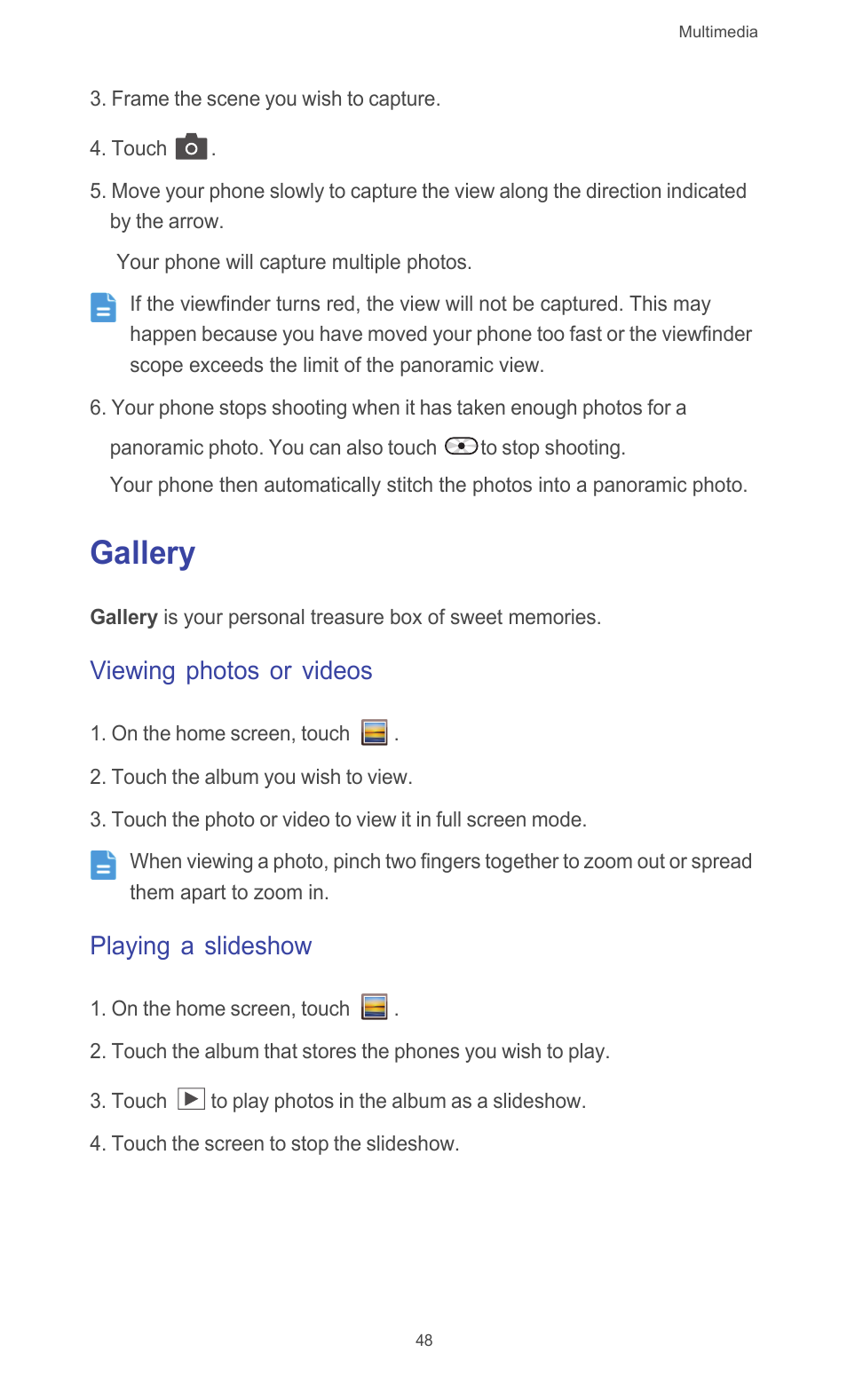 Gallery, Viewing photos or videos, Playing a slideshow | Huawei Ascend G510 User Guide User Manual | Page 53 / 94