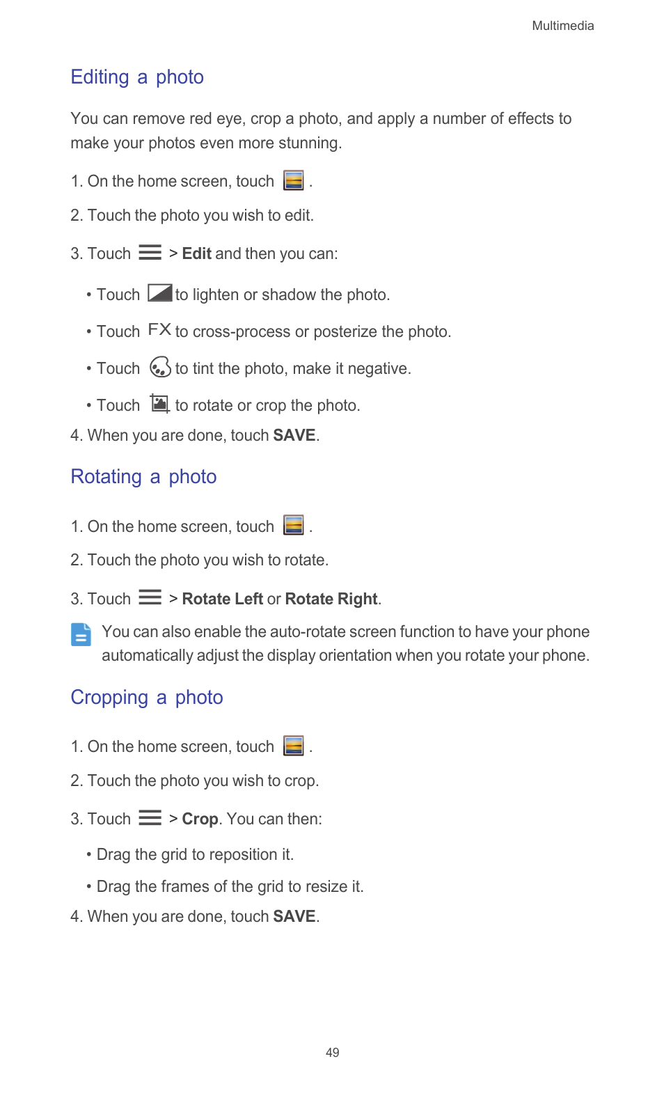 Editing a photo, Rotating a photo, Cropping a photo | Huawei Ascend G510 User Guide User Manual | Page 54 / 94