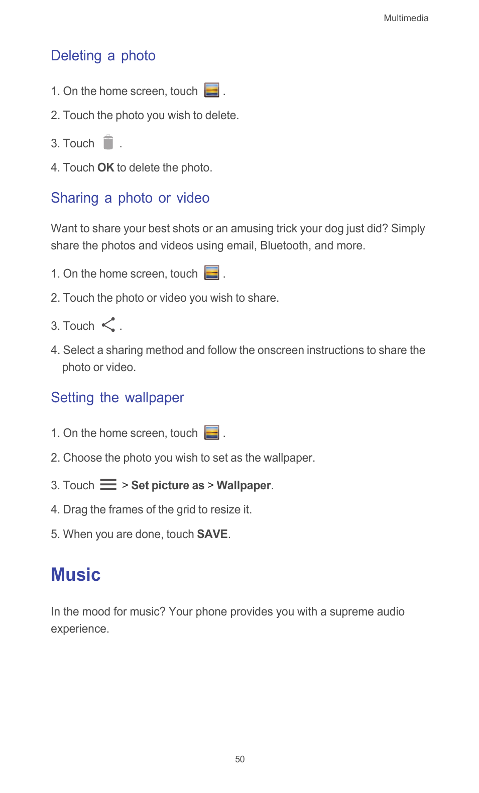 Deleting a photo, Sharing a photo or video, Setting the wallpaper | Music | Huawei Ascend G510 User Guide User Manual | Page 55 / 94