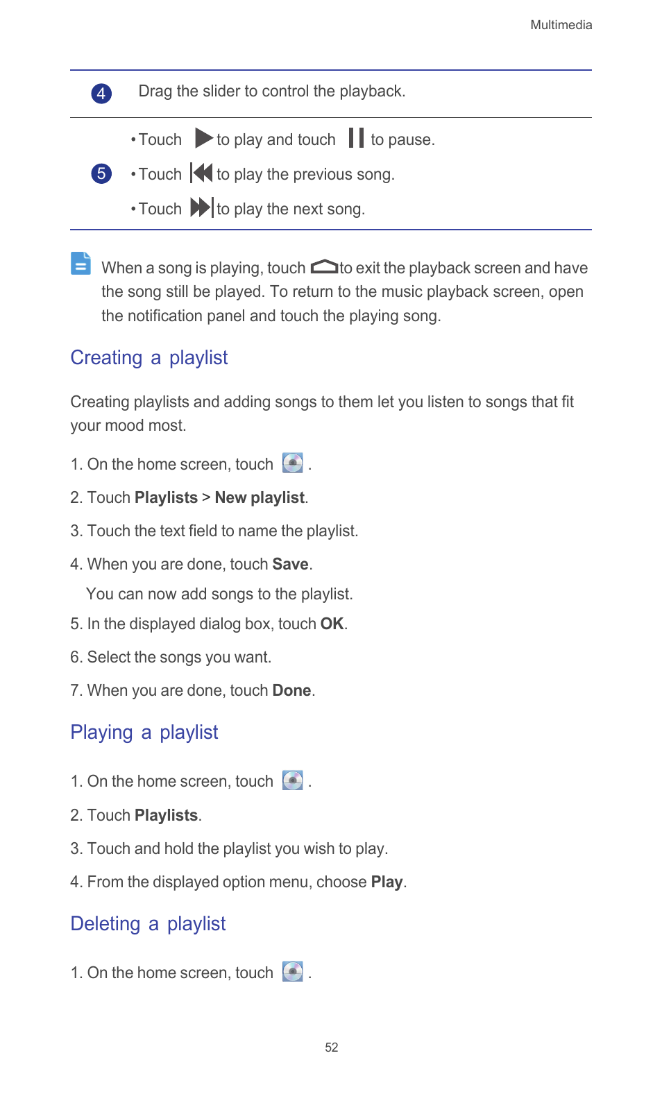 Creating a playlist, Playing a playlist, Deleting a playlist | Huawei Ascend G510 User Guide User Manual | Page 57 / 94