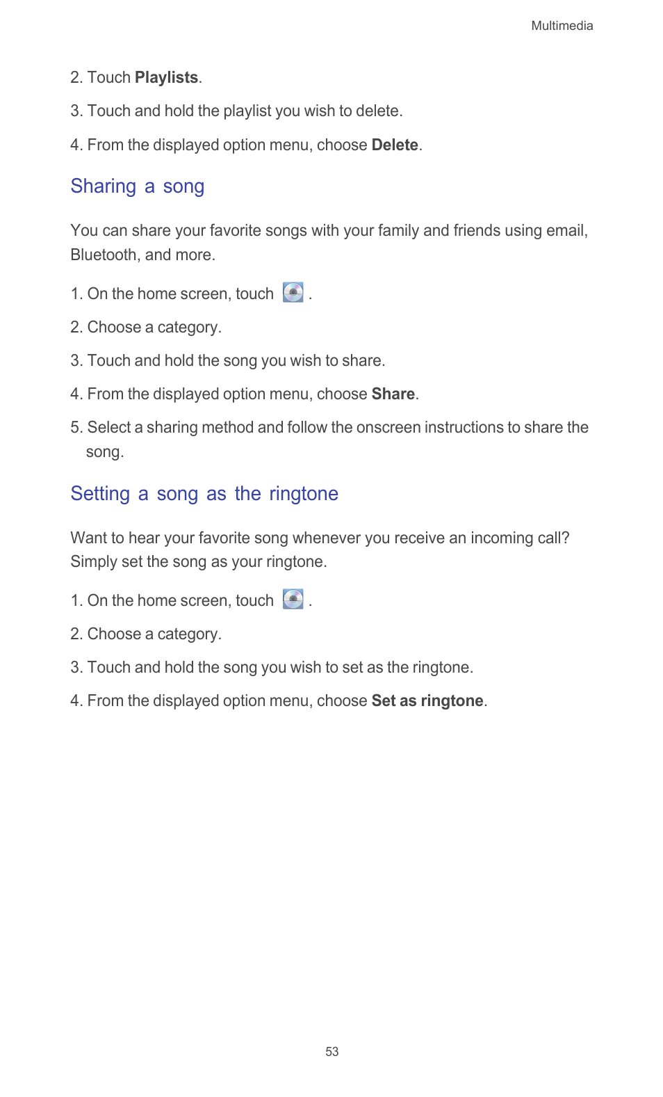 Sharing a song, Setting a song as the ringtone | Huawei Ascend G510 User Guide User Manual | Page 58 / 94