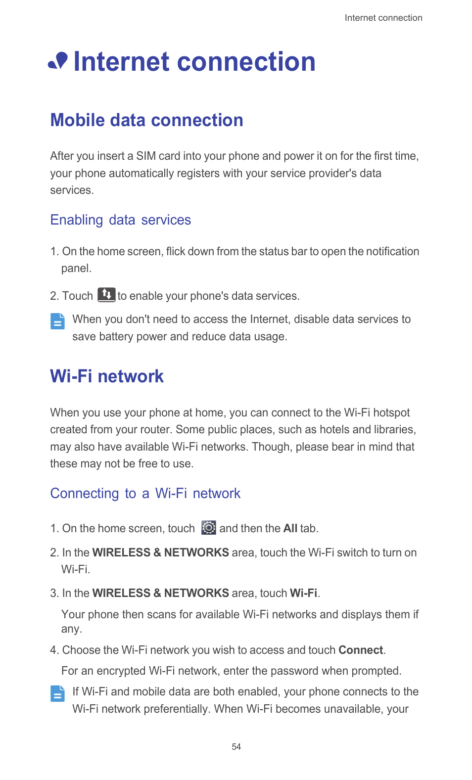 Internet connection, Mobile data connection, Enabling data services | Wi-fi network, Connecting to a wi-fi network, Mobile data connection wi-fi network | Huawei Ascend G510 User Guide User Manual | Page 59 / 94