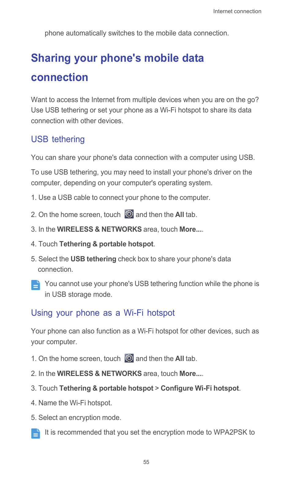 Sharing your phone's mobile data connection, Usb tethering, Using your phone as a wi-fi hotspot | Huawei Ascend G510 User Guide User Manual | Page 60 / 94