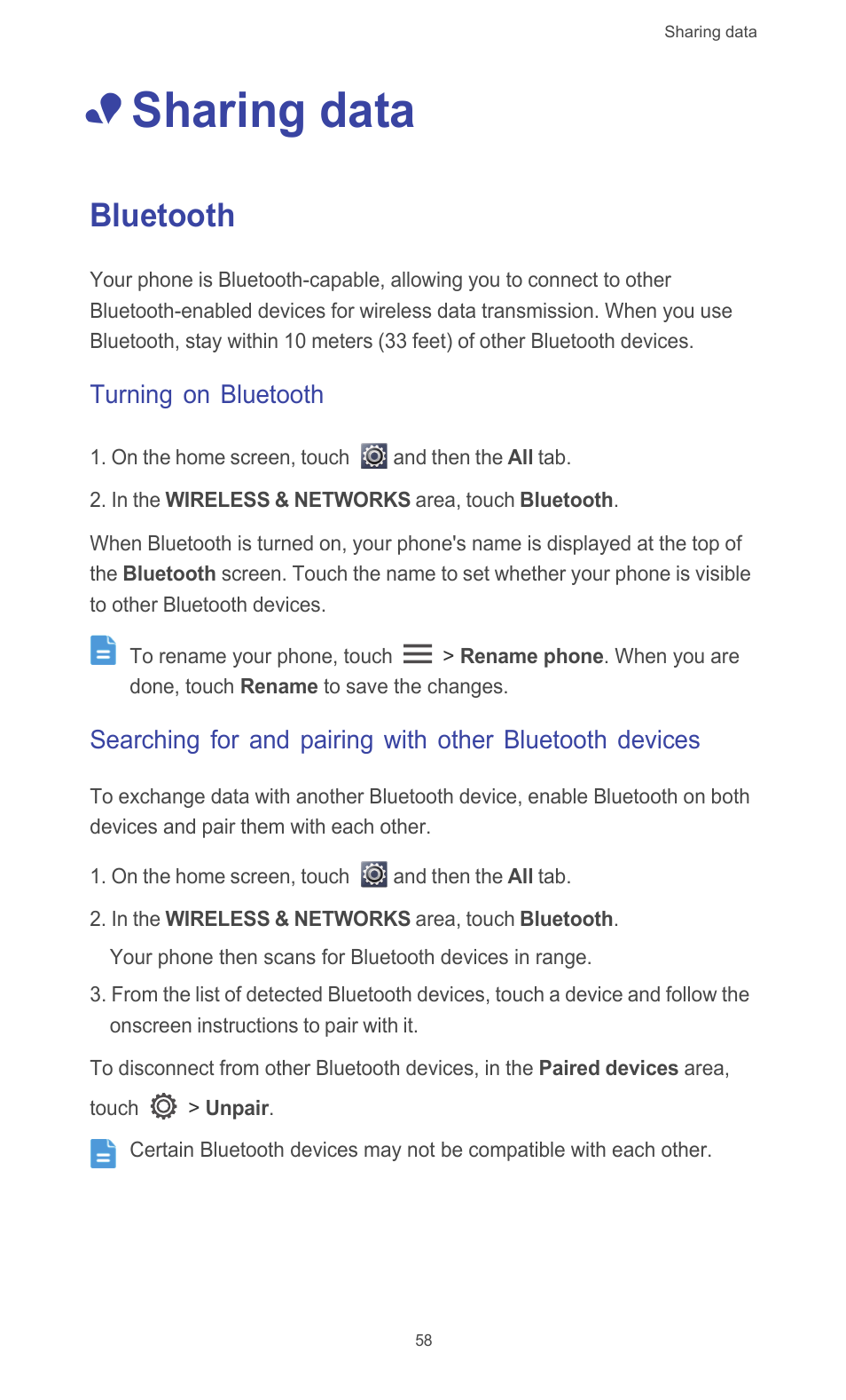Sharing data, Bluetooth, Turning on bluetooth | Huawei Ascend G510 User Guide User Manual | Page 63 / 94