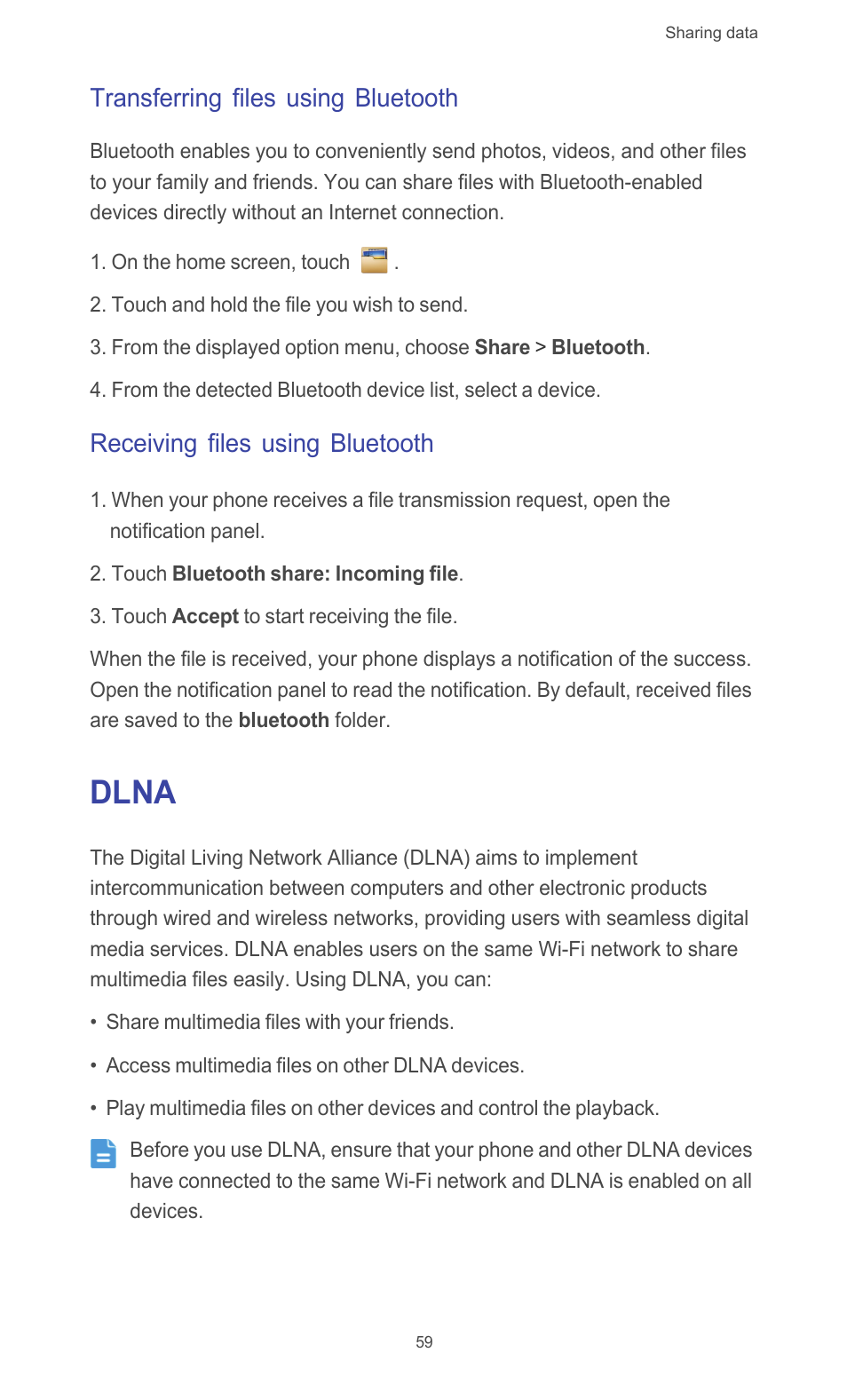 Transferring files using bluetooth, Receiving files using bluetooth, Dlna | Huawei Ascend G510 User Guide User Manual | Page 64 / 94