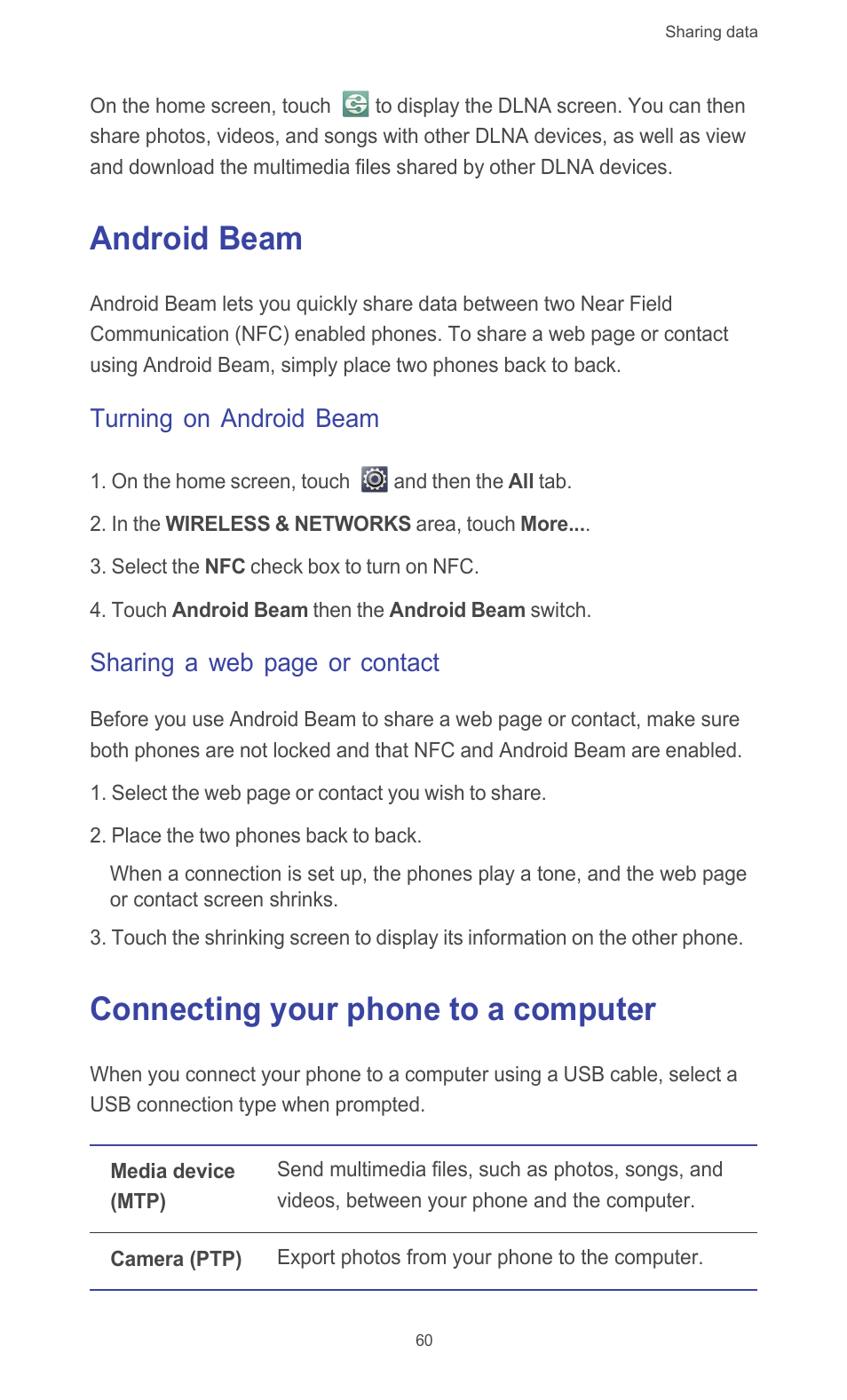 Android beam, Turning on android beam, Connecting your phone to a computer | Android beam connecting your phone to a computer, Sharing a web page or contact | Huawei Ascend G510 User Guide User Manual | Page 65 / 94