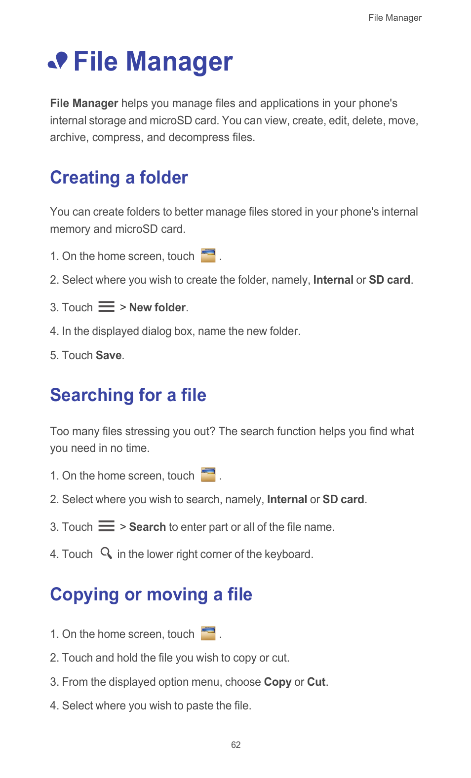 File manager, Creating a folder, Searching for a file | Copying or moving a file | Huawei Ascend G510 User Guide User Manual | Page 67 / 94