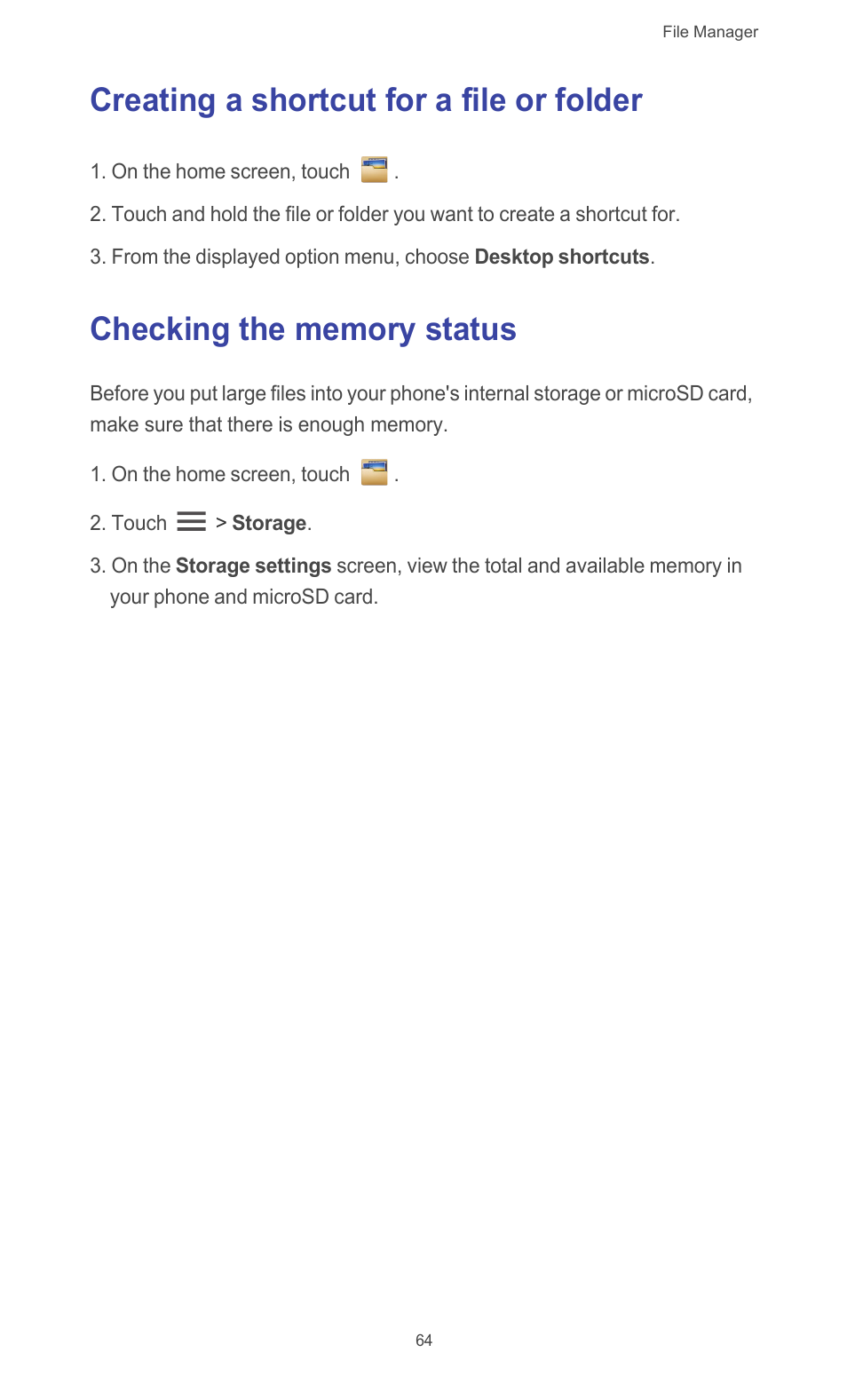 Creating a shortcut for a file or folder, Checking the memory status | Huawei Ascend G510 User Guide User Manual | Page 69 / 94