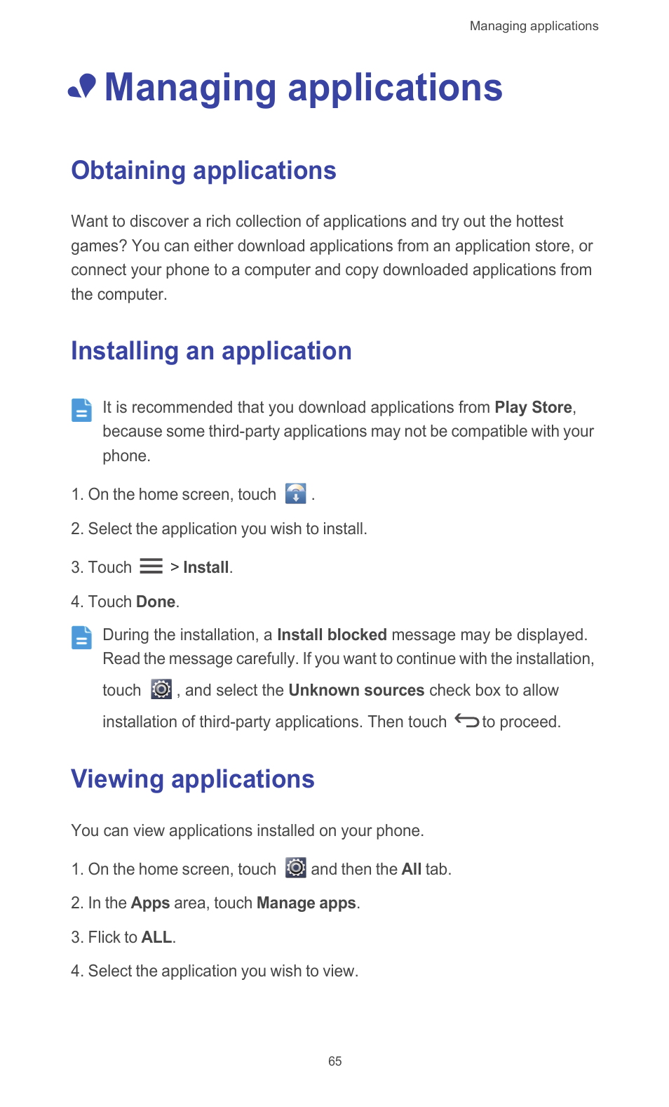 Managing applications, Obtaining applications, Installing an application | Viewing applications | Huawei Ascend G510 User Guide User Manual | Page 70 / 94