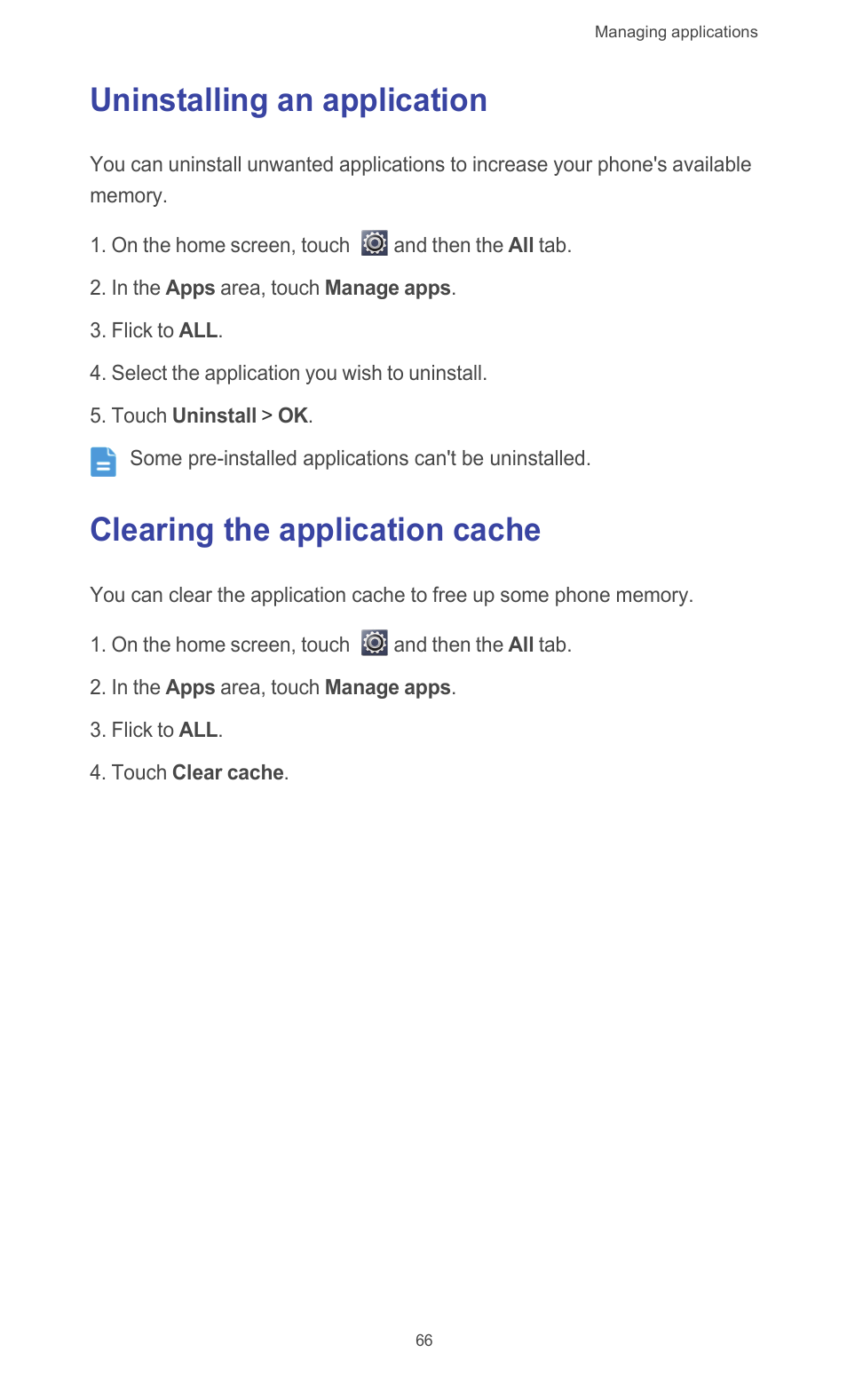 Uninstalling an application, Clearing the application cache | Huawei Ascend G510 User Guide User Manual | Page 71 / 94