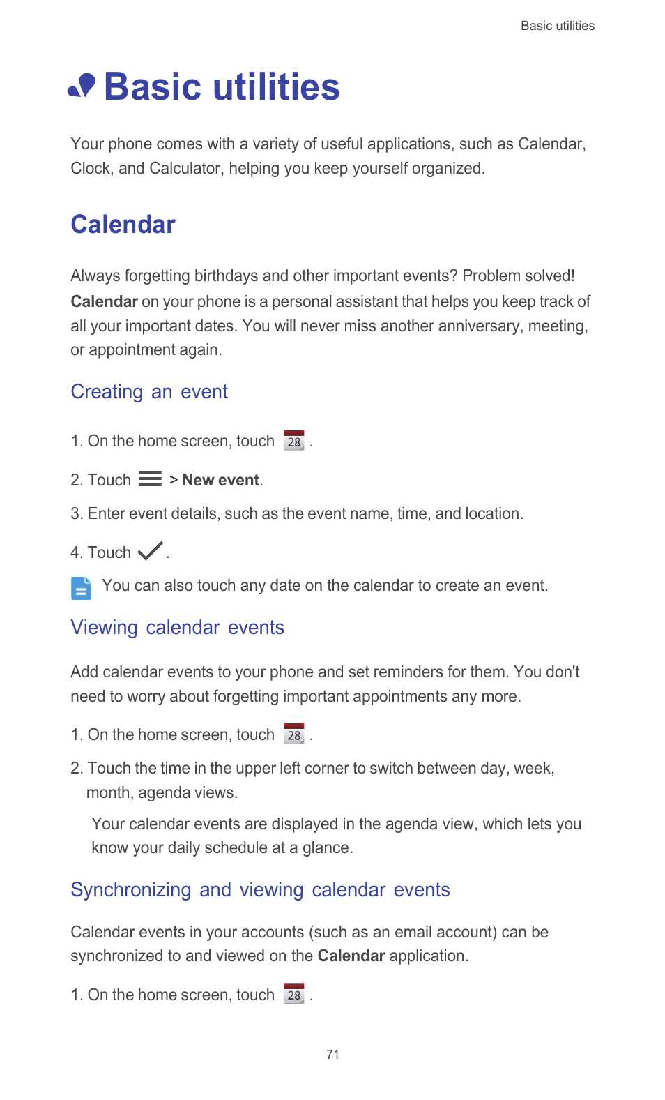 Basic utilities, Calendar, Creating an event | Viewing calendar events, Synchronizing and viewing calendar events | Huawei Ascend G510 User Guide User Manual | Page 76 / 94