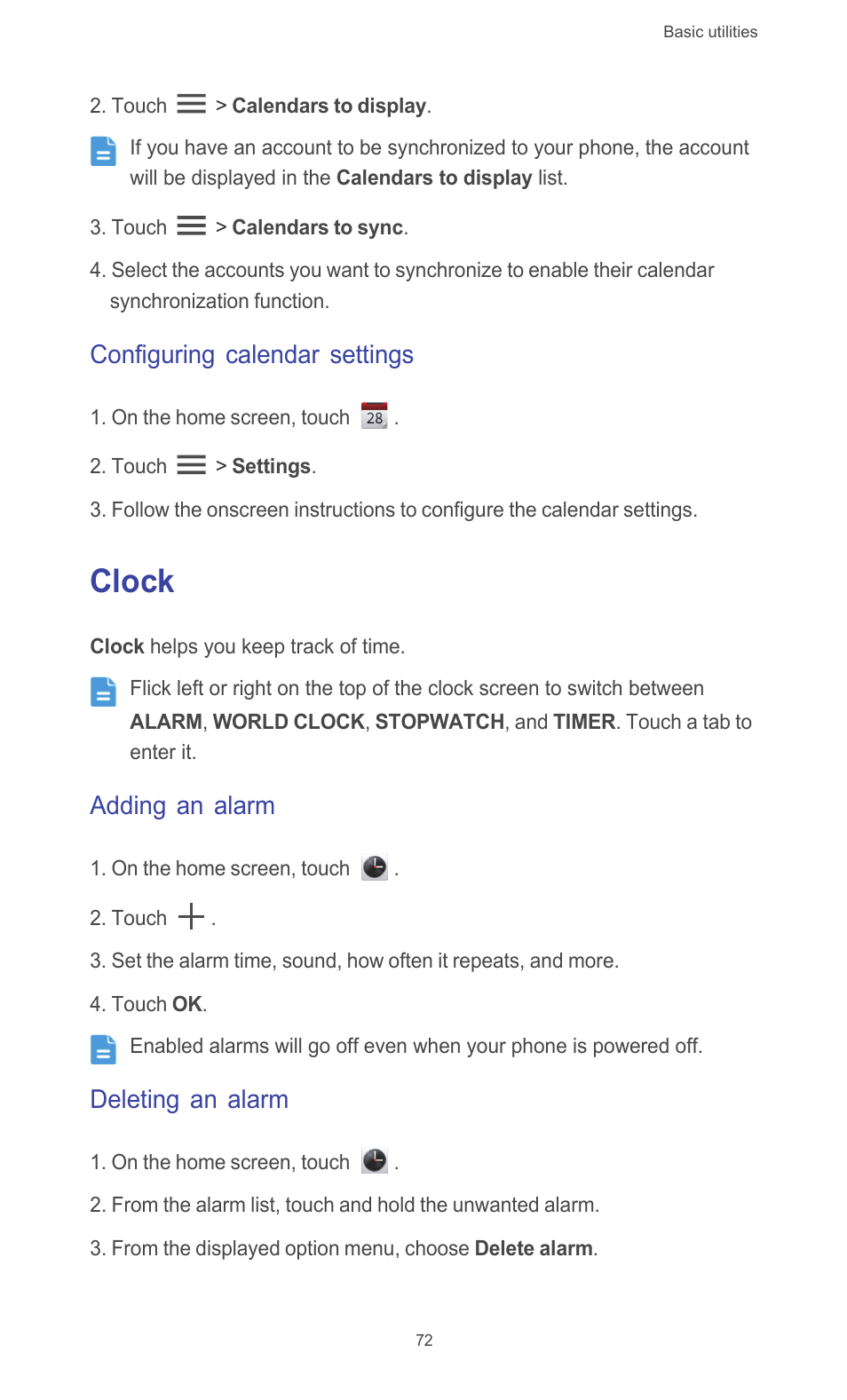 Configuring calendar settings, Clock, Adding an alarm | Deleting an alarm | Huawei Ascend G510 User Guide User Manual | Page 77 / 94