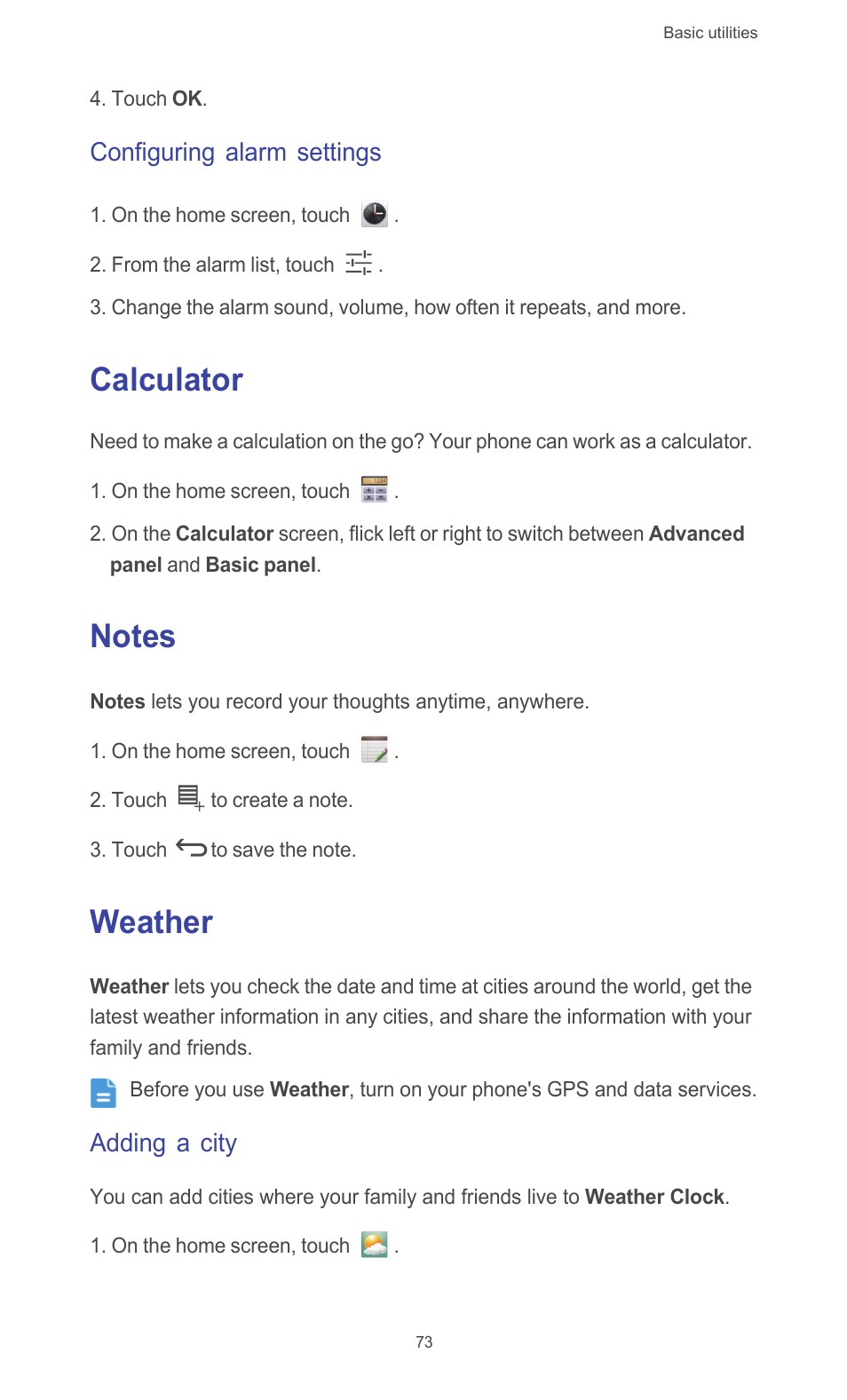 Configuring alarm settings, Calculator, Notes | Weather, Adding a city, Calculator notes weather | Huawei Ascend G510 User Guide User Manual | Page 78 / 94
