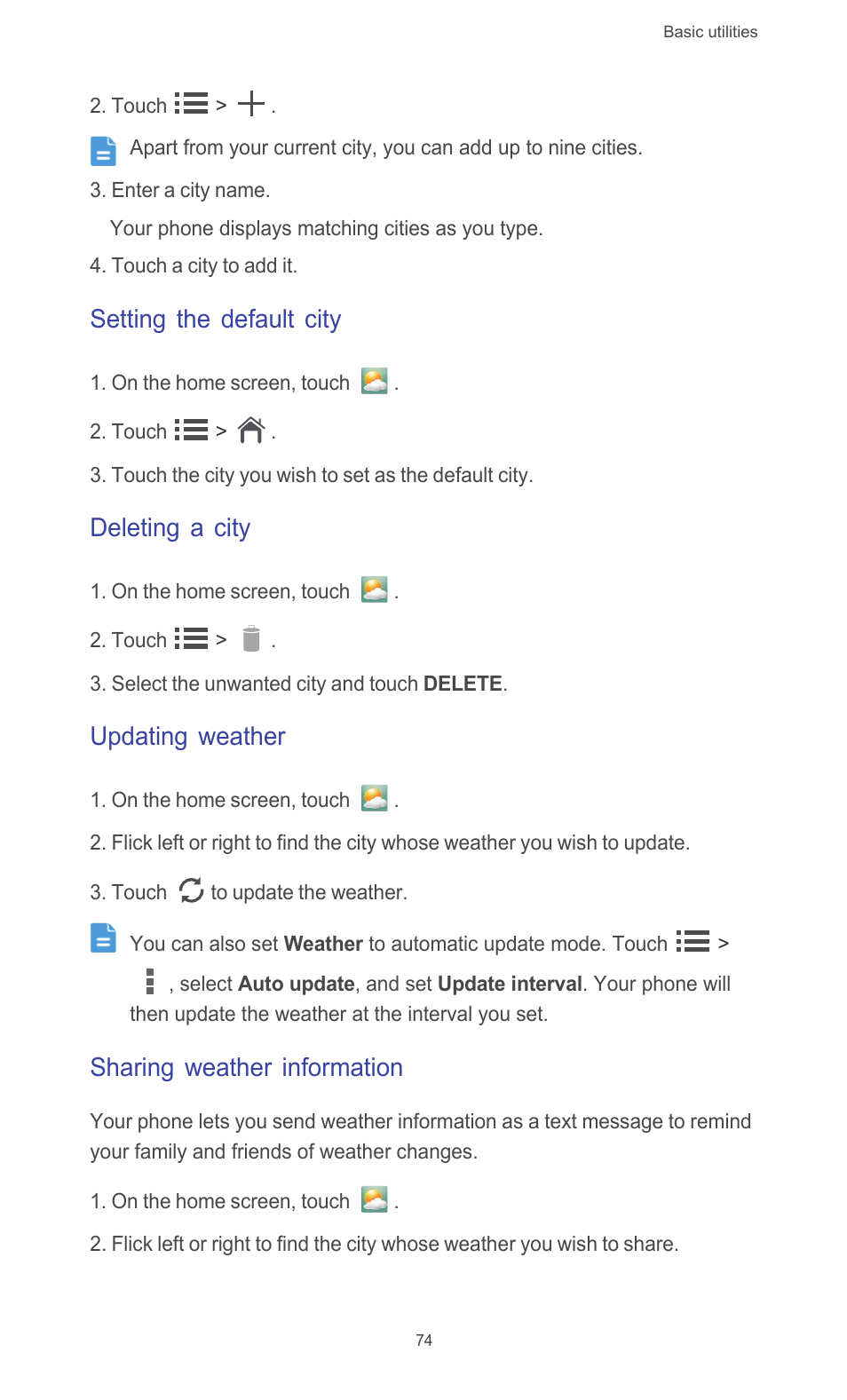 Setting the default city, Deleting a city, Updating weather | Sharing weather information | Huawei Ascend G510 User Guide User Manual | Page 79 / 94