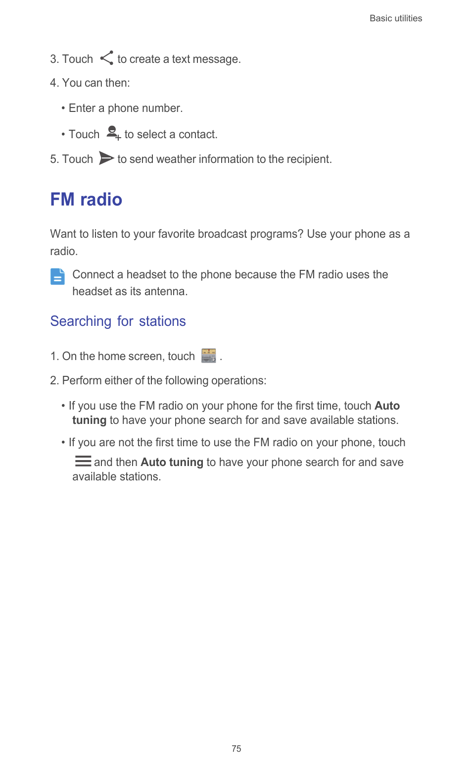 Fm radio, Searching for stations | Huawei Ascend G510 User Guide User Manual | Page 80 / 94