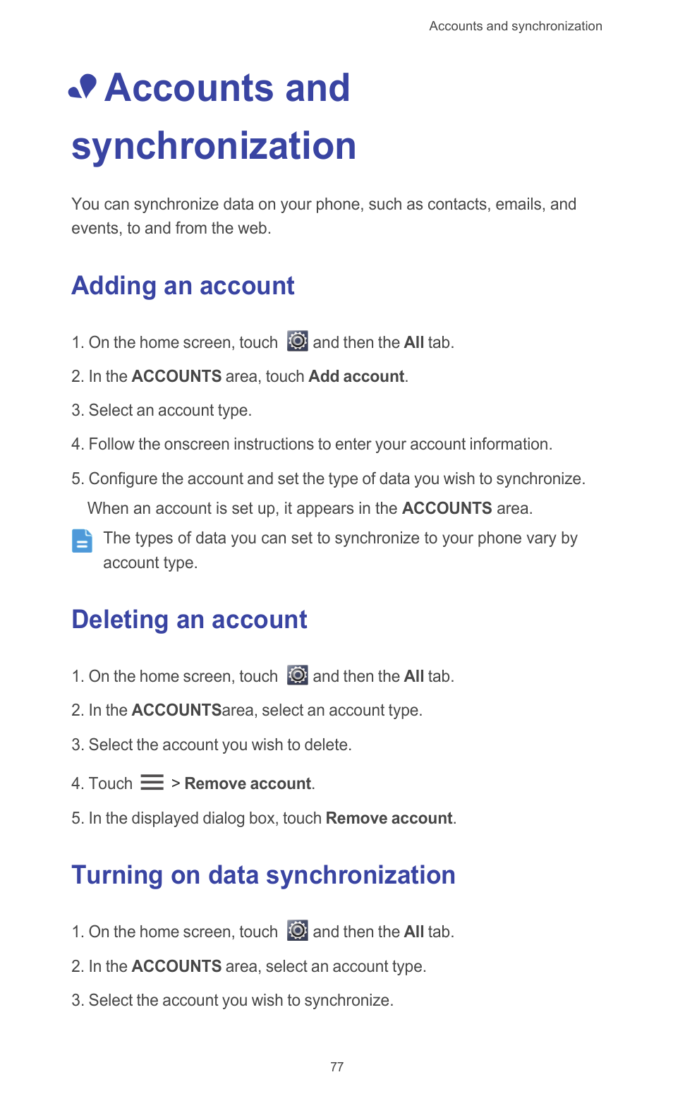 Accounts and synchronization, Adding an account, Deleting an account | Turning on data synchronization | Huawei Ascend G510 User Guide User Manual | Page 82 / 94