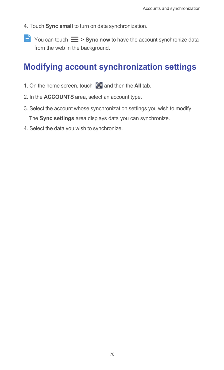 Modifying account synchronization settings | Huawei Ascend G510 User Guide User Manual | Page 83 / 94