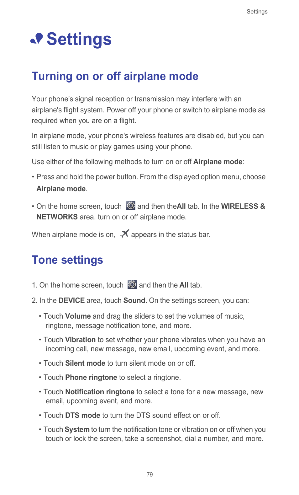 Settings, Turning on or off airplane mode, Tone settings | Turning on or off airplane mode tone settings | Huawei Ascend G510 User Guide User Manual | Page 84 / 94