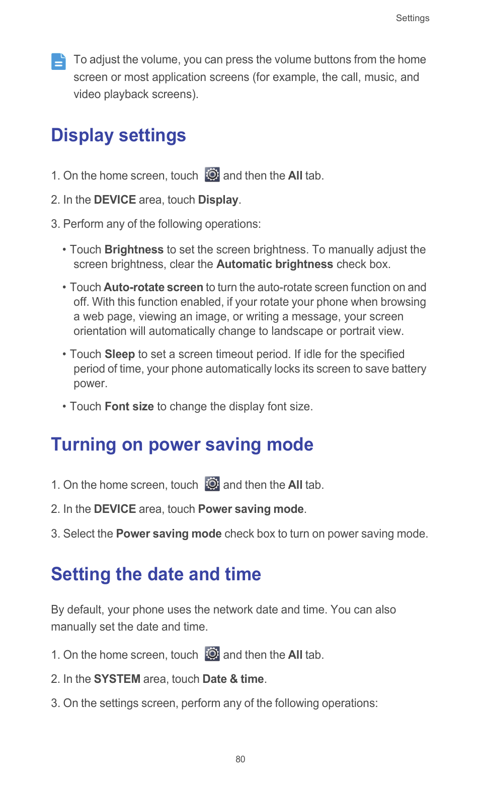 Display settings, Turning on power saving mode, Setting the date and time | Huawei Ascend G510 User Guide User Manual | Page 85 / 94