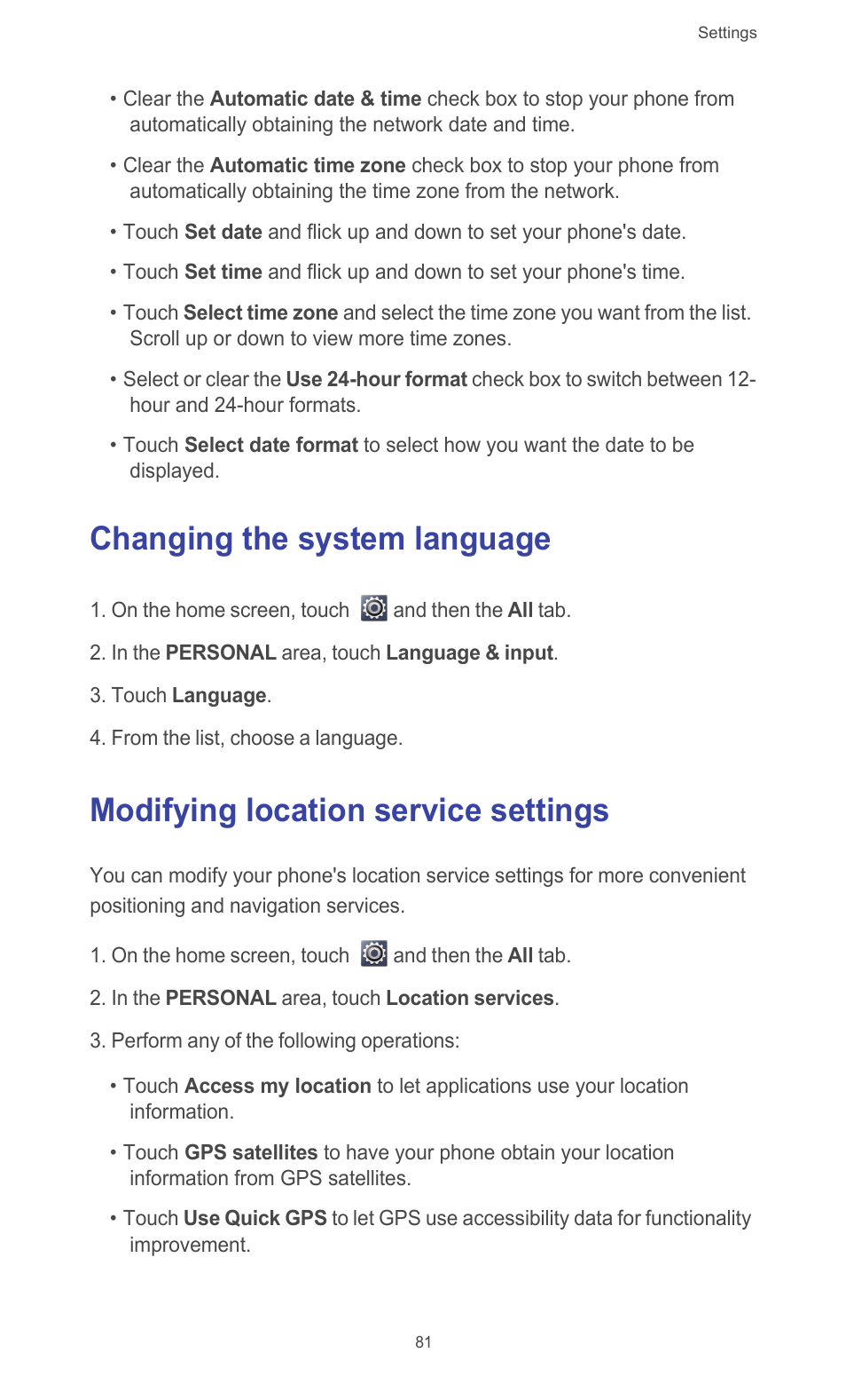 Changing the system language, Modifying location service settings | Huawei Ascend G510 User Guide User Manual | Page 86 / 94