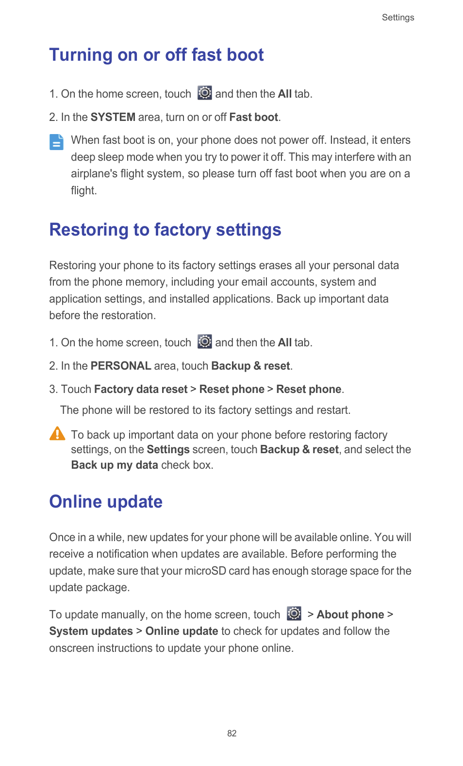 Turning on or off fast boot, Restoring to factory settings, Online update | Huawei Ascend G510 User Guide User Manual | Page 87 / 94