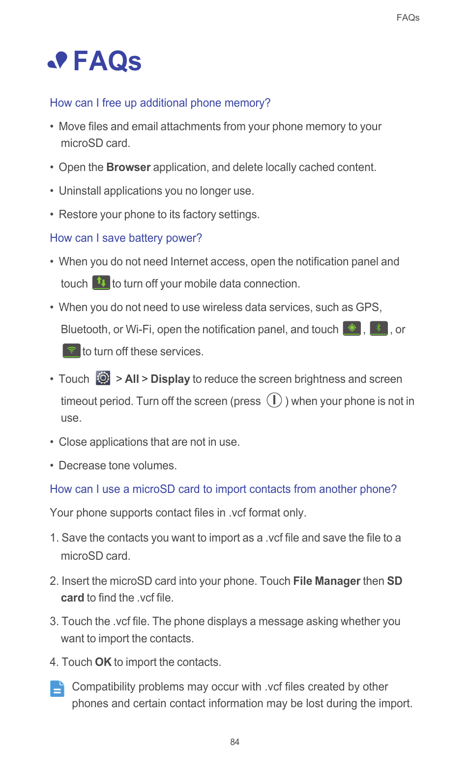 Faqs, How can i free up additional phone memory, How can i save battery power | Huawei Ascend G510 User Guide User Manual | Page 89 / 94