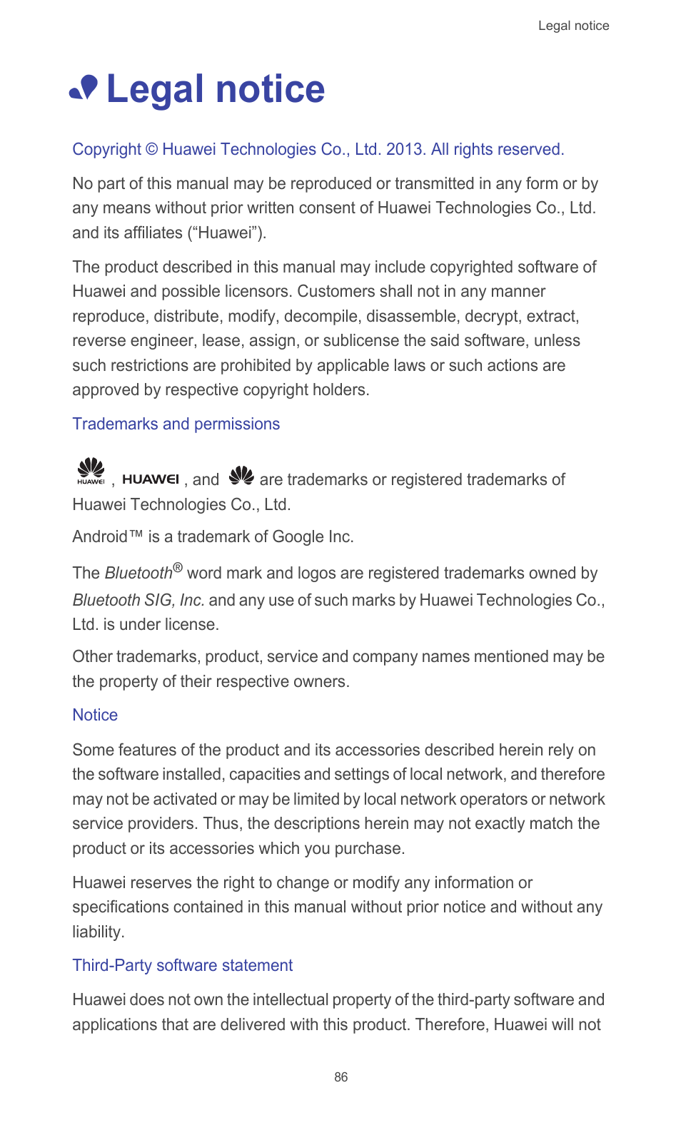 Legal notice, Trademarks and permissions, Notice | Third-party software statement | Huawei Ascend G510 User Guide User Manual | Page 91 / 94
