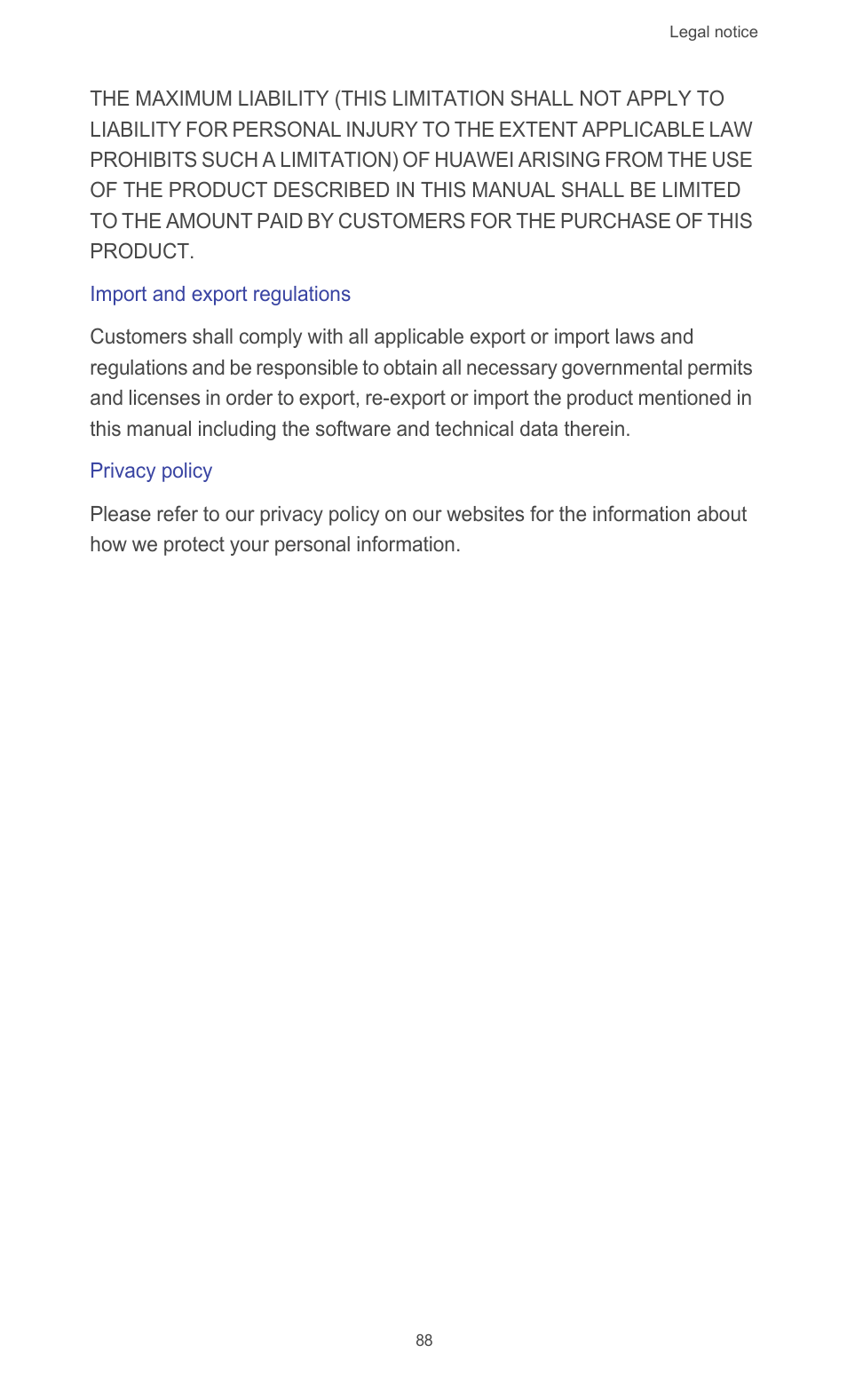 Import and export regulations, Privacy policy | Huawei Ascend G510 User Guide User Manual | Page 93 / 94