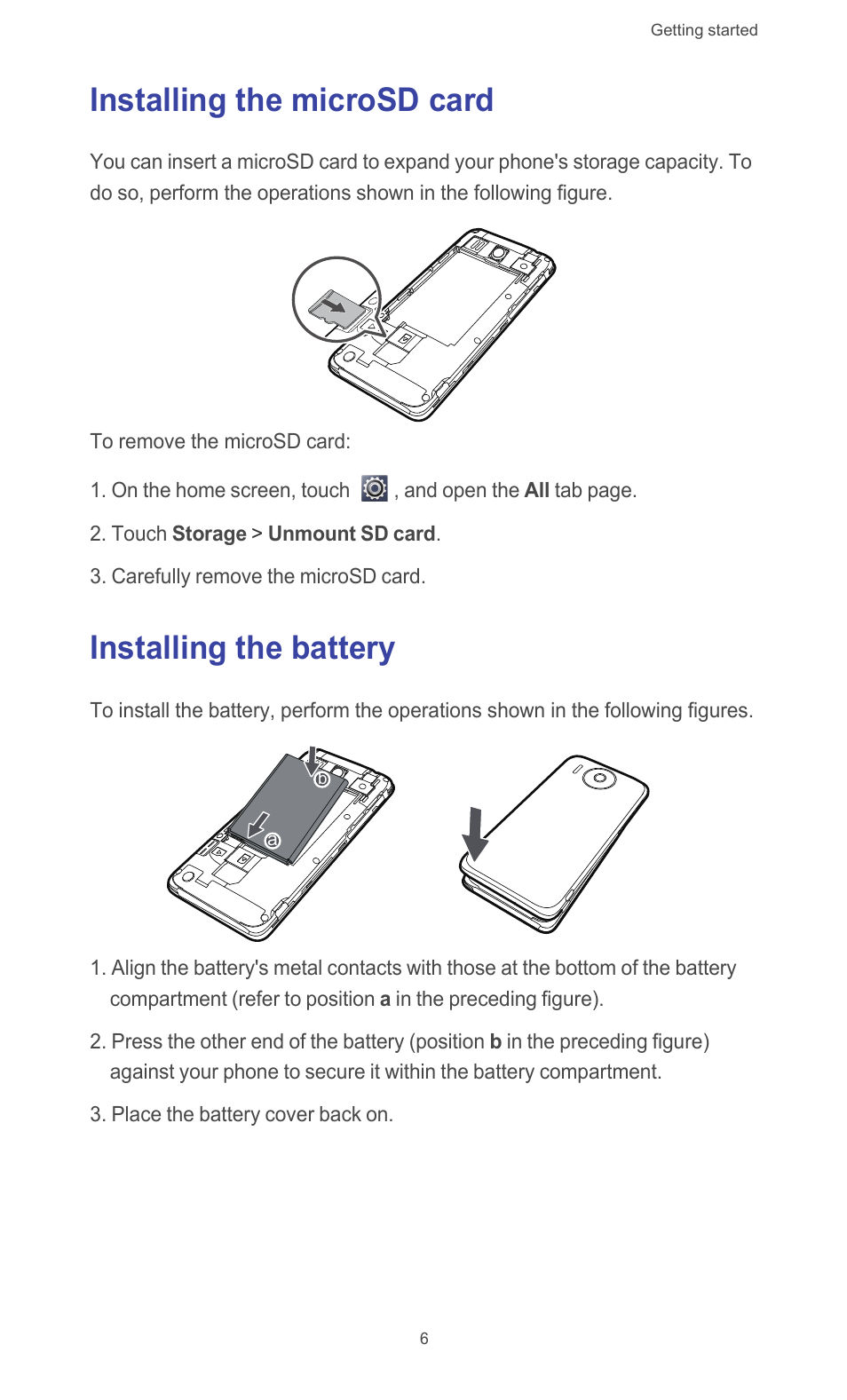 Installing the microsd card, Installing the battery, Installing the microsd card installing the battery | Huawei Ascend G510 User Guide User Manual | Page 11 / 93