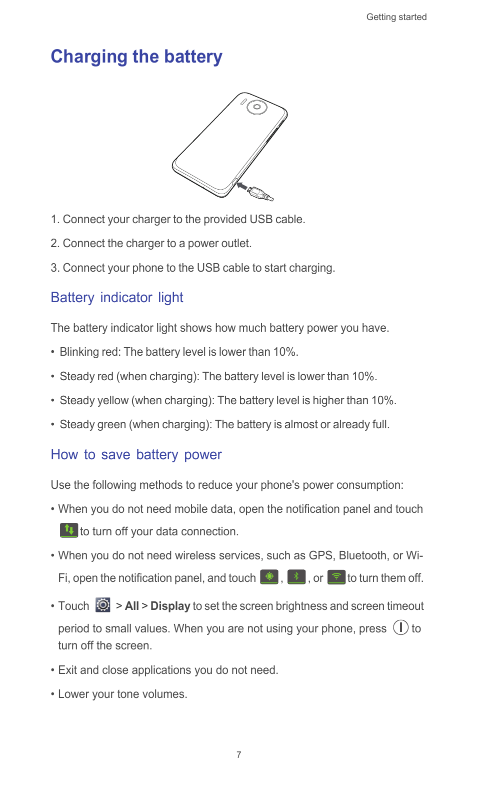 Charging the battery, Battery indicator light, How to save battery power | Huawei Ascend G510 User Guide User Manual | Page 12 / 93