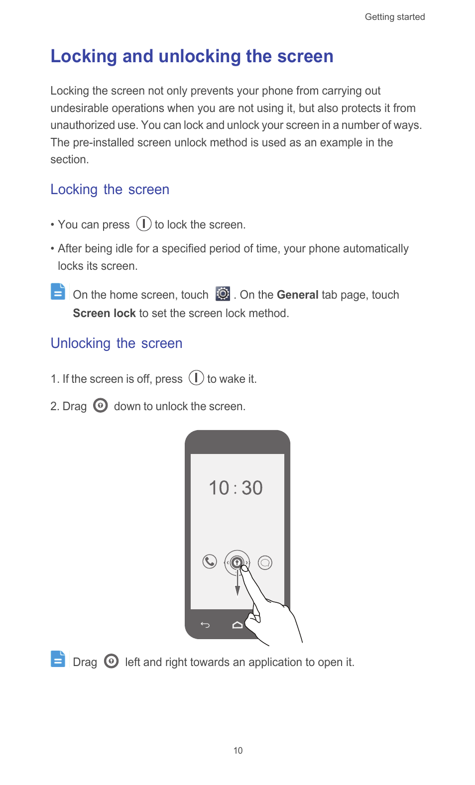 Locking and unlocking the screen, Locking the screen, Unlocking the screen | Huawei Ascend G510 User Guide User Manual | Page 15 / 93
