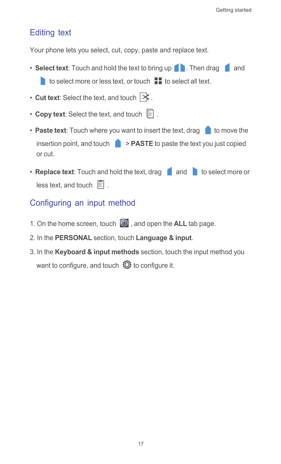 Editing text, Configuring an input method | Huawei Ascend G510 User Guide User Manual | Page 22 / 93