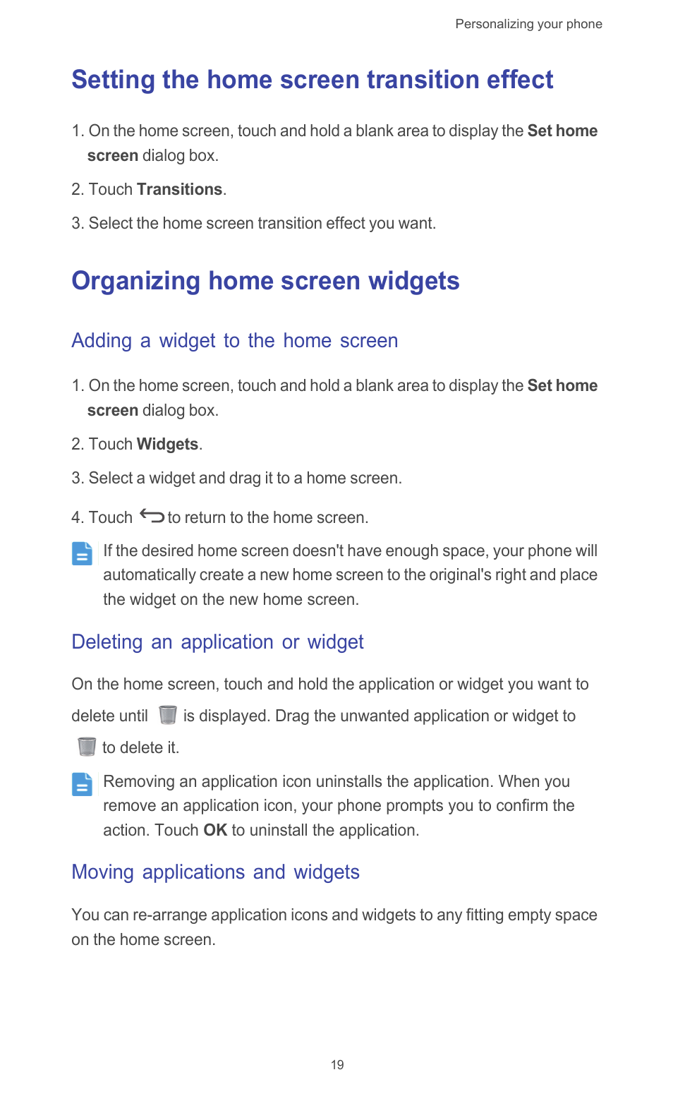 Setting the home screen transition effect, Organizing home screen widgets, Adding a widget to the home screen | Deleting an application or widget, Moving applications and widgets | Huawei Ascend G510 User Guide User Manual | Page 24 / 93