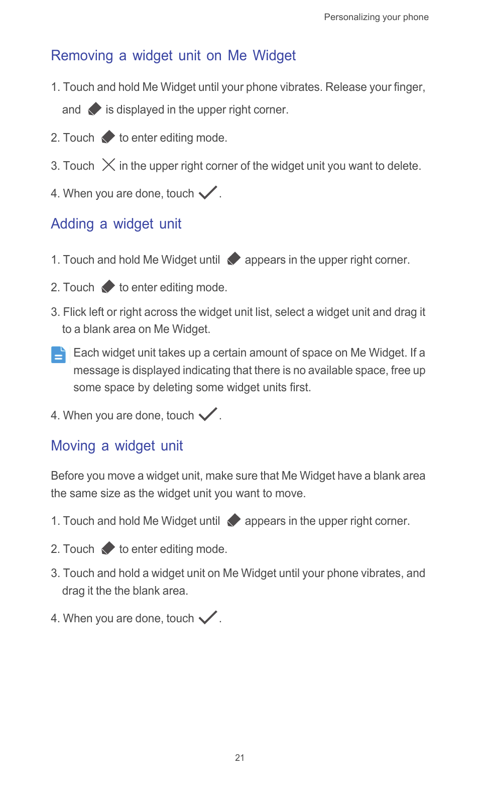 Removing a widget unit on me widget, Adding a widget unit, Moving a widget unit | Huawei Ascend G510 User Guide User Manual | Page 26 / 93
